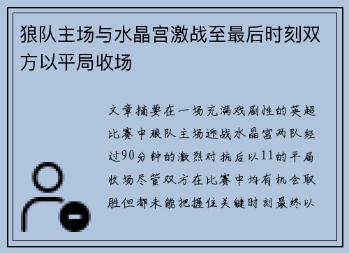 狼队主场与水晶宫激战至最后时刻双方以平局收场