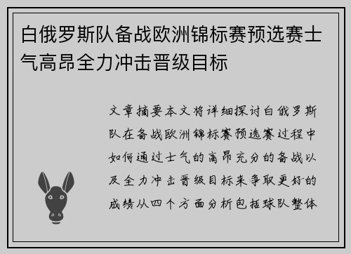 白俄罗斯队备战欧洲锦标赛预选赛士气高昂全力冲击晋级目标