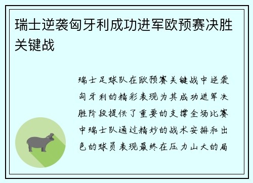 瑞士逆袭匈牙利成功进军欧预赛决胜关键战